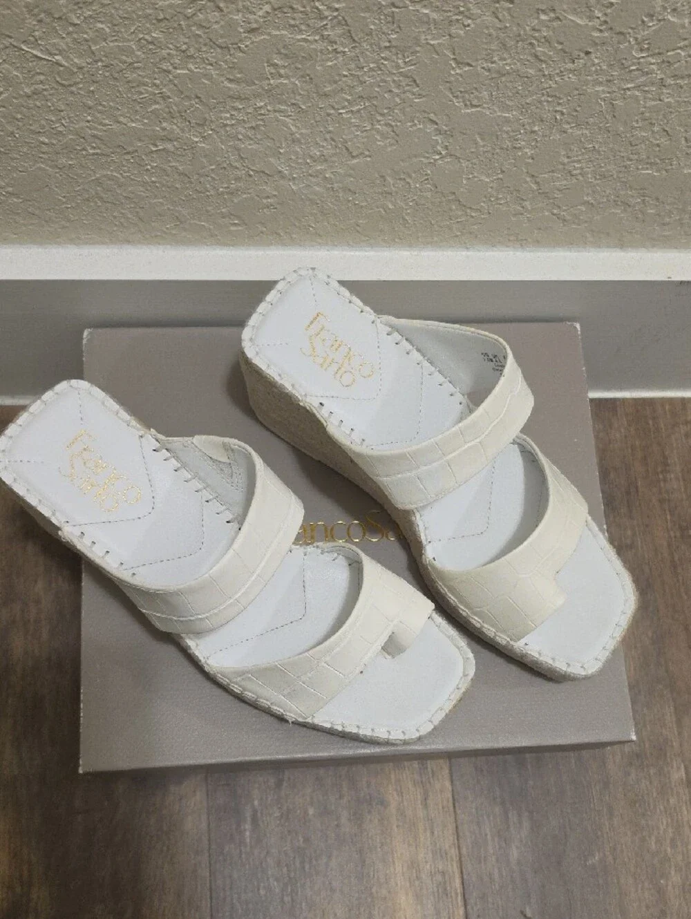Franco Sarto White Croc-Embossed Espadrille Wedge Sandals with Toe Loop